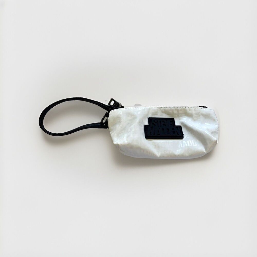 Steve Madden Logo Wristlet Pouch White Black Wrist Strap Zip Closure Small